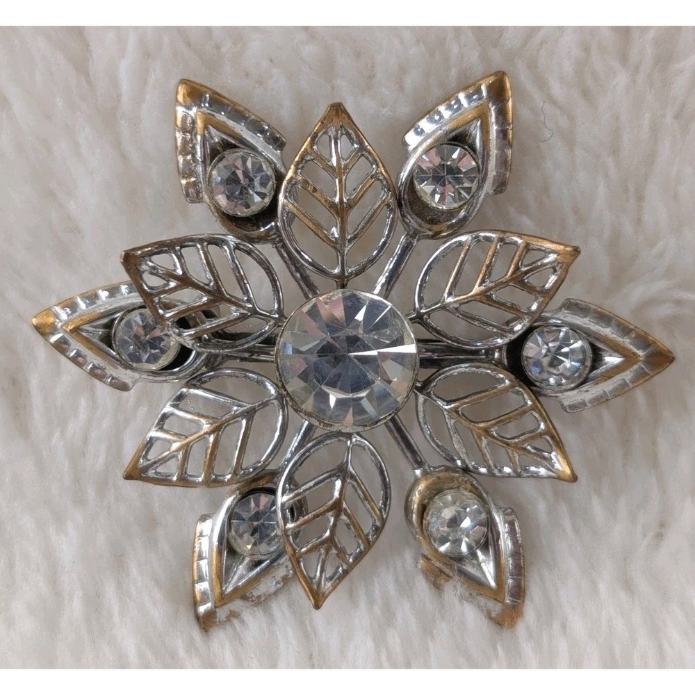 Vintage Clear Rhinestone Brooch Silver Gold Tone Starburst Snowflake Pin Jewelry